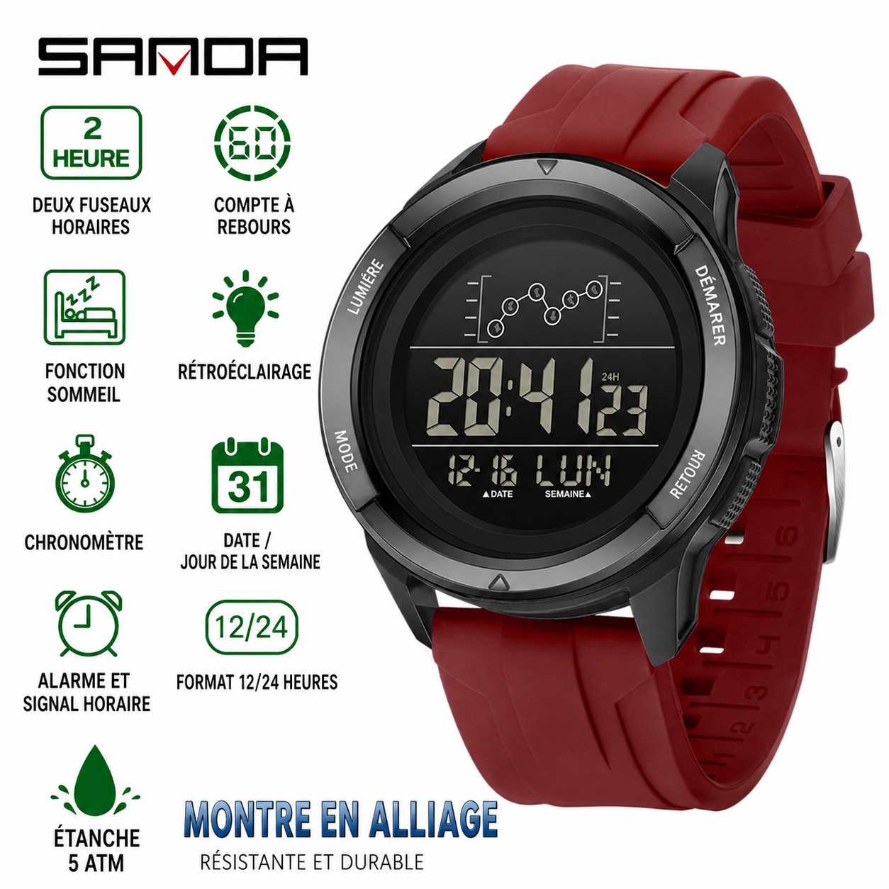 Montre de Sport Digitale SAMDA – Étanche 5 ATM avec Double Fuseau Horaire